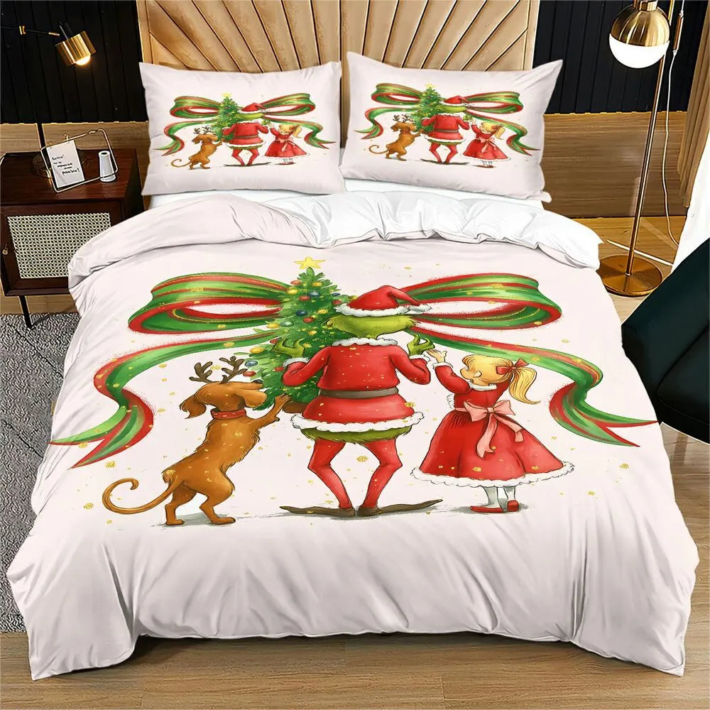Grinch Christmas Tree Decorating Christmas Gift Duvet Cover Set Kids Bedding Set