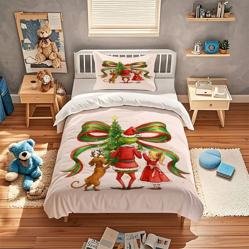 Grinch Christmas Tree Decorating Christmas Gift Duvet Cover Set Kids Bedding Set