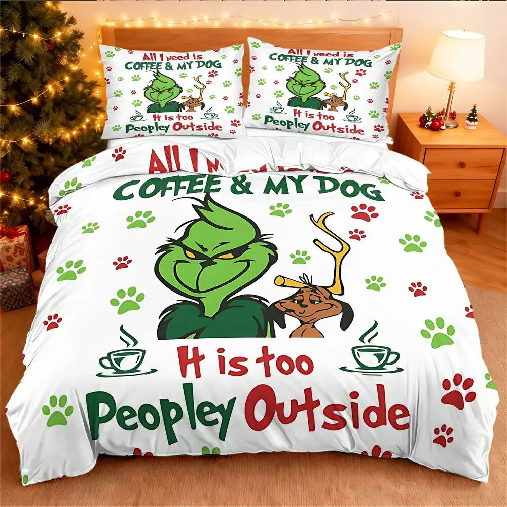Grinch Coffee Dog Christmas Gift Duvet Cover Set Kids Bedding Set