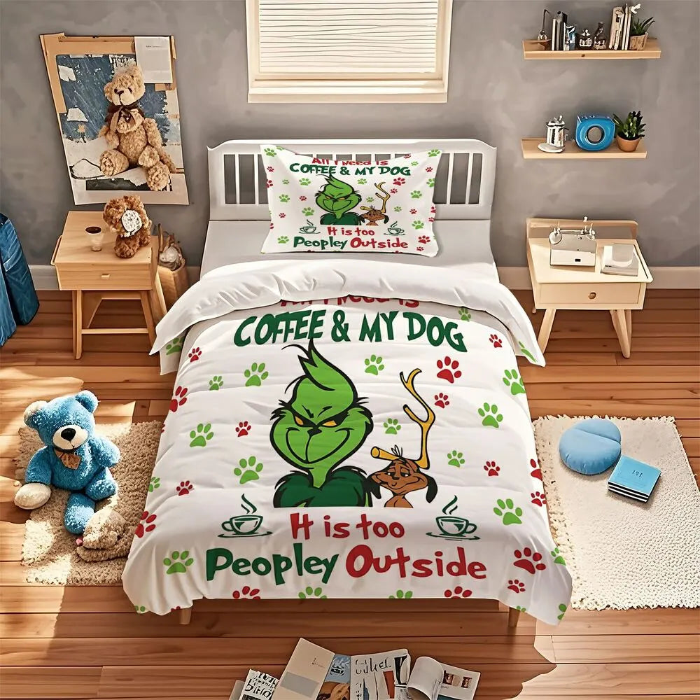 Grinch Coffee Dog Christmas Gift Duvet Cover Set Kids Bedding Set
