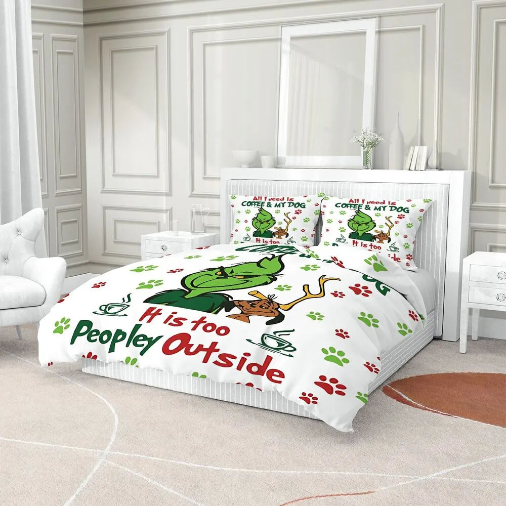Grinch Coffee Dog Christmas Gift Duvet Cover Set Kids Bedding Set