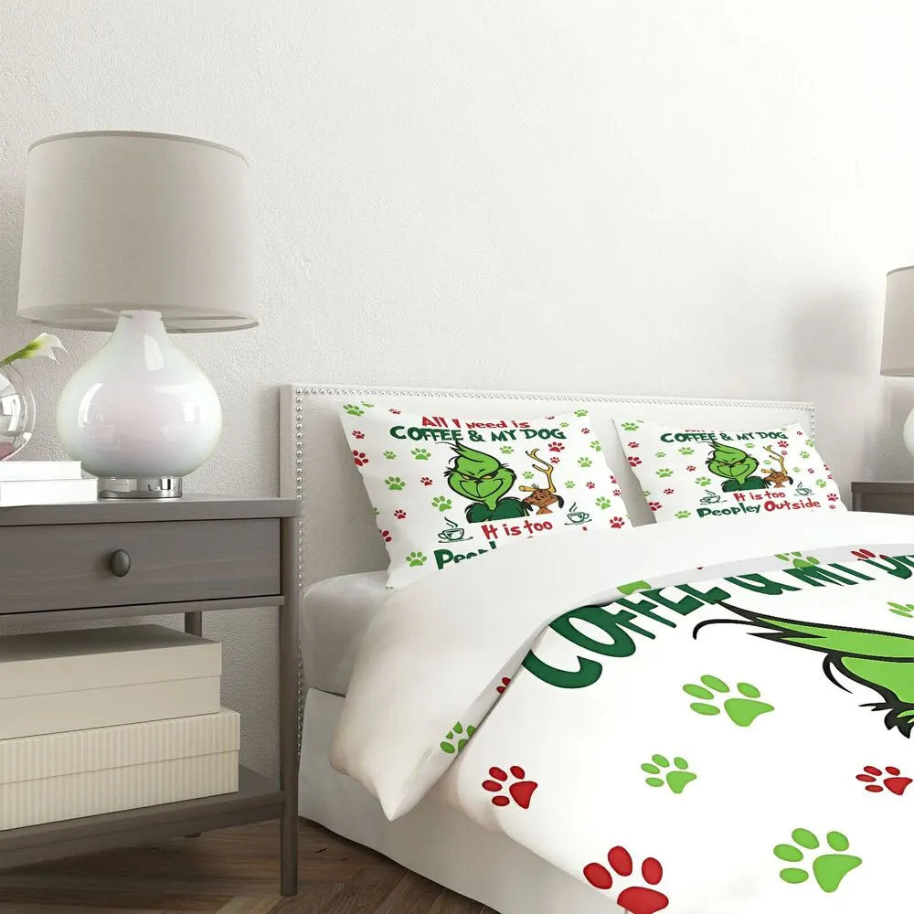 Grinch Coffee Dog Christmas Gift Duvet Cover Set Kids Bedding Set