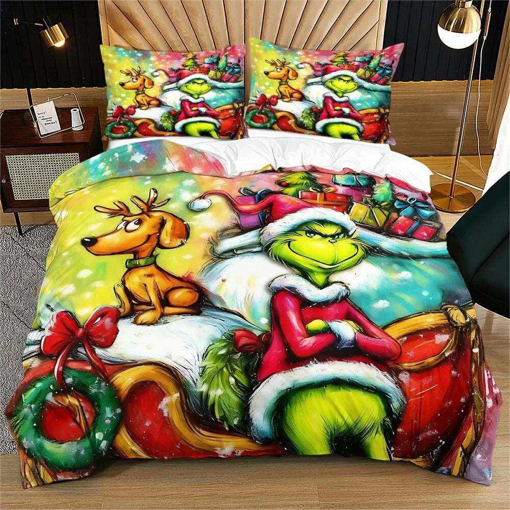 Grinch Colorful Christmas Sleigh Christmas Gift Duvet Cover Set Kids Bedding Set