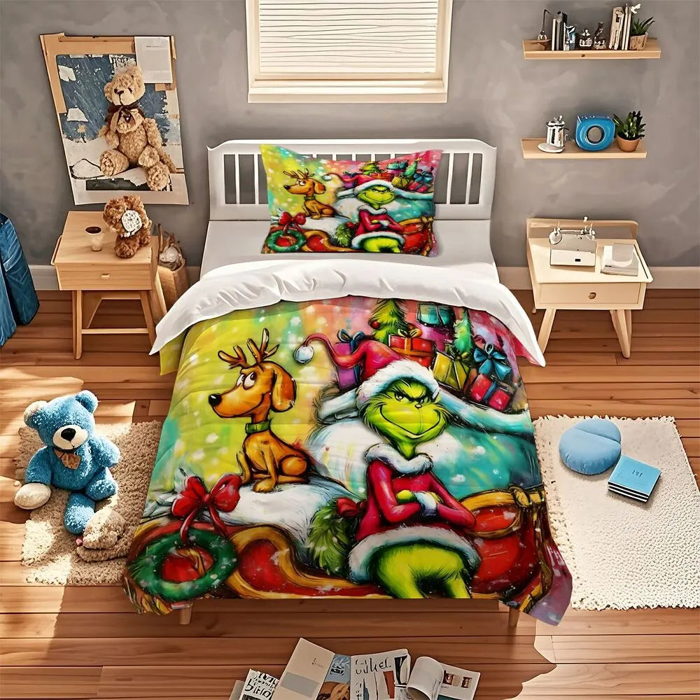 Grinch Colorful Christmas Sleigh Christmas Gift Duvet Cover Set Kids Bedding Set