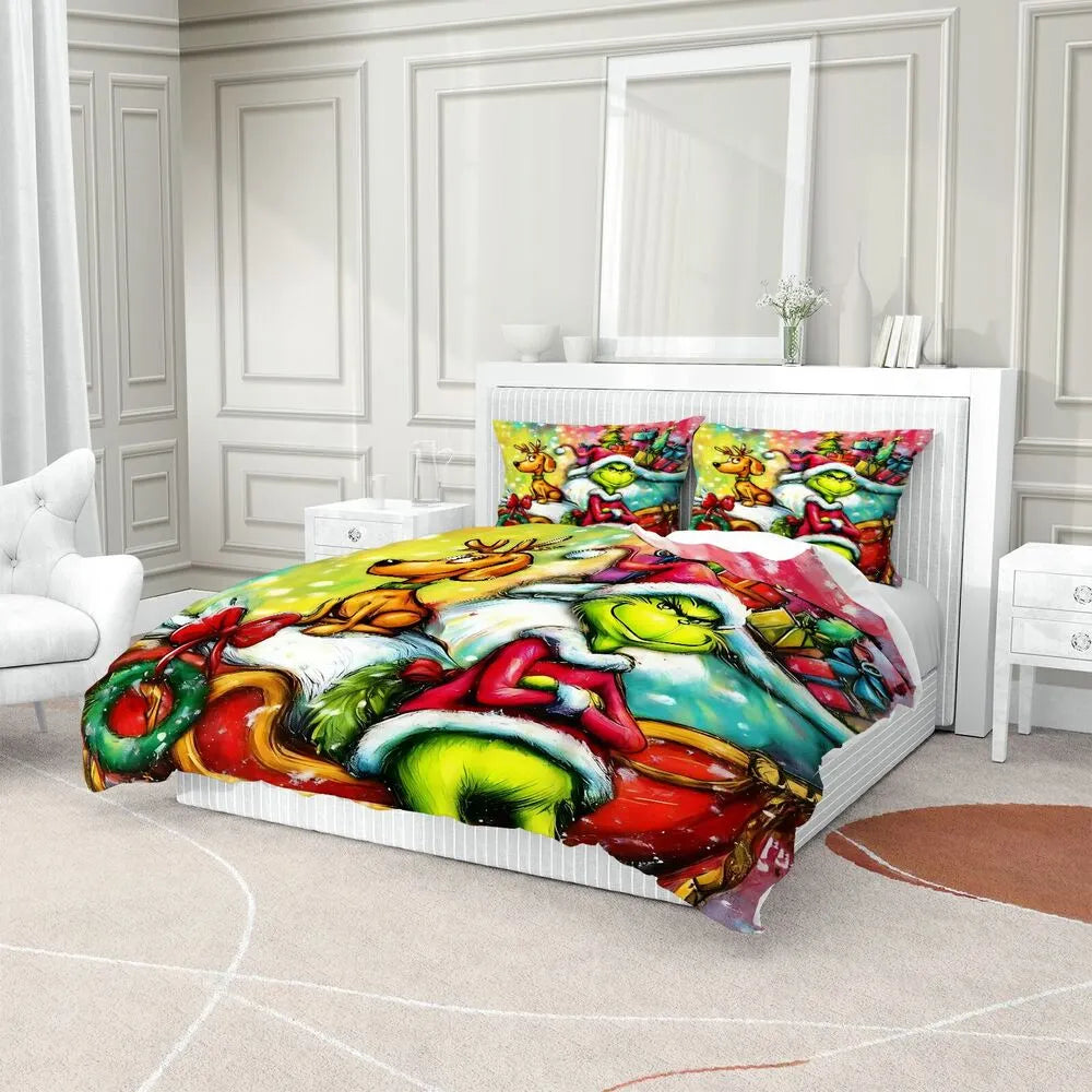 Grinch Colorful Christmas Sleigh Christmas Gift Duvet Cover Set Kids Bedding Set
