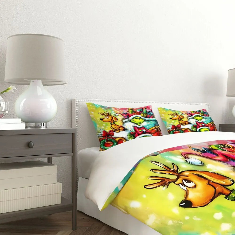 Grinch Colorful Christmas Sleigh Christmas Gift Duvet Cover Set Kids Bedding Set