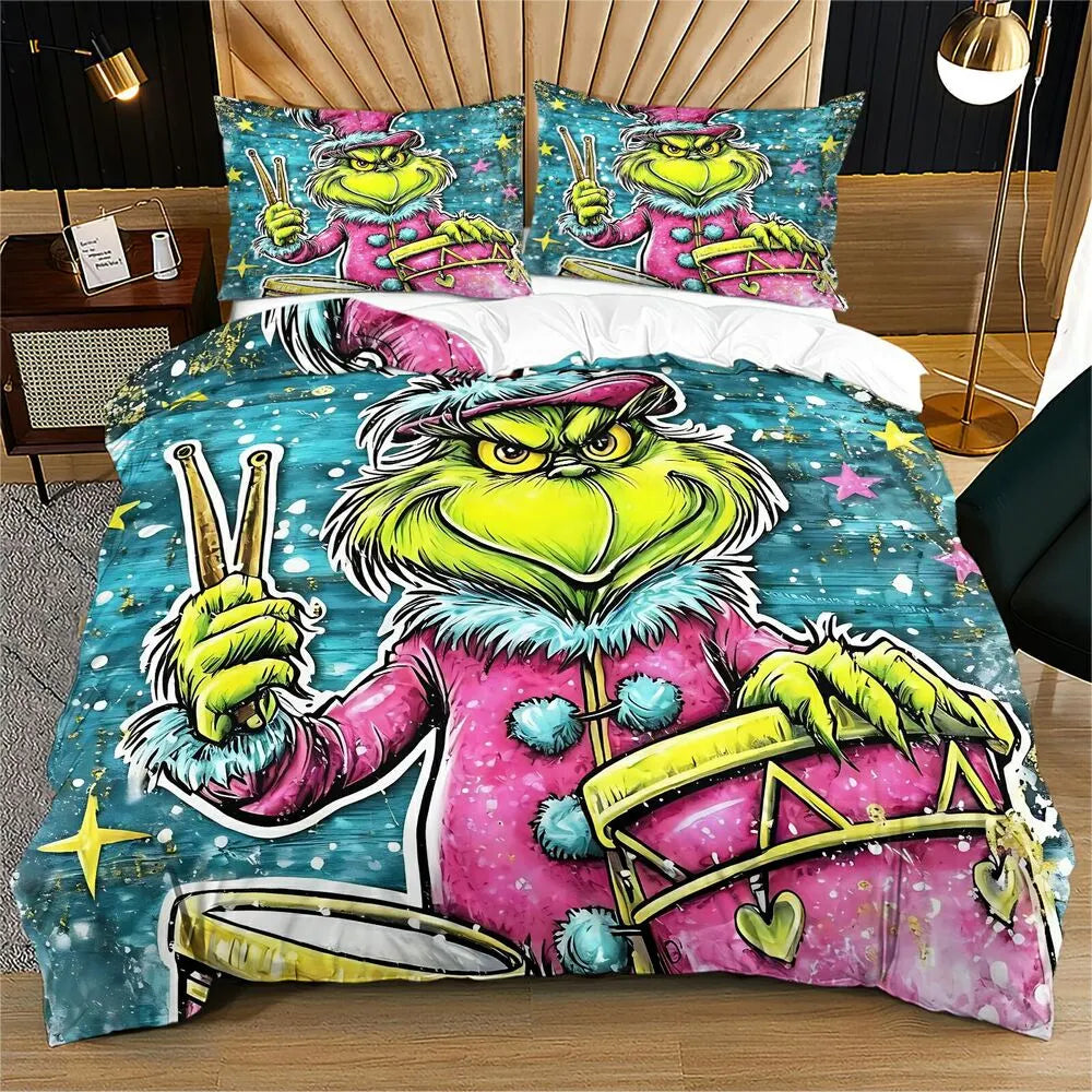 Grinch Drummer Christmas Gift Duvet Cover Set Kids Bedding Set