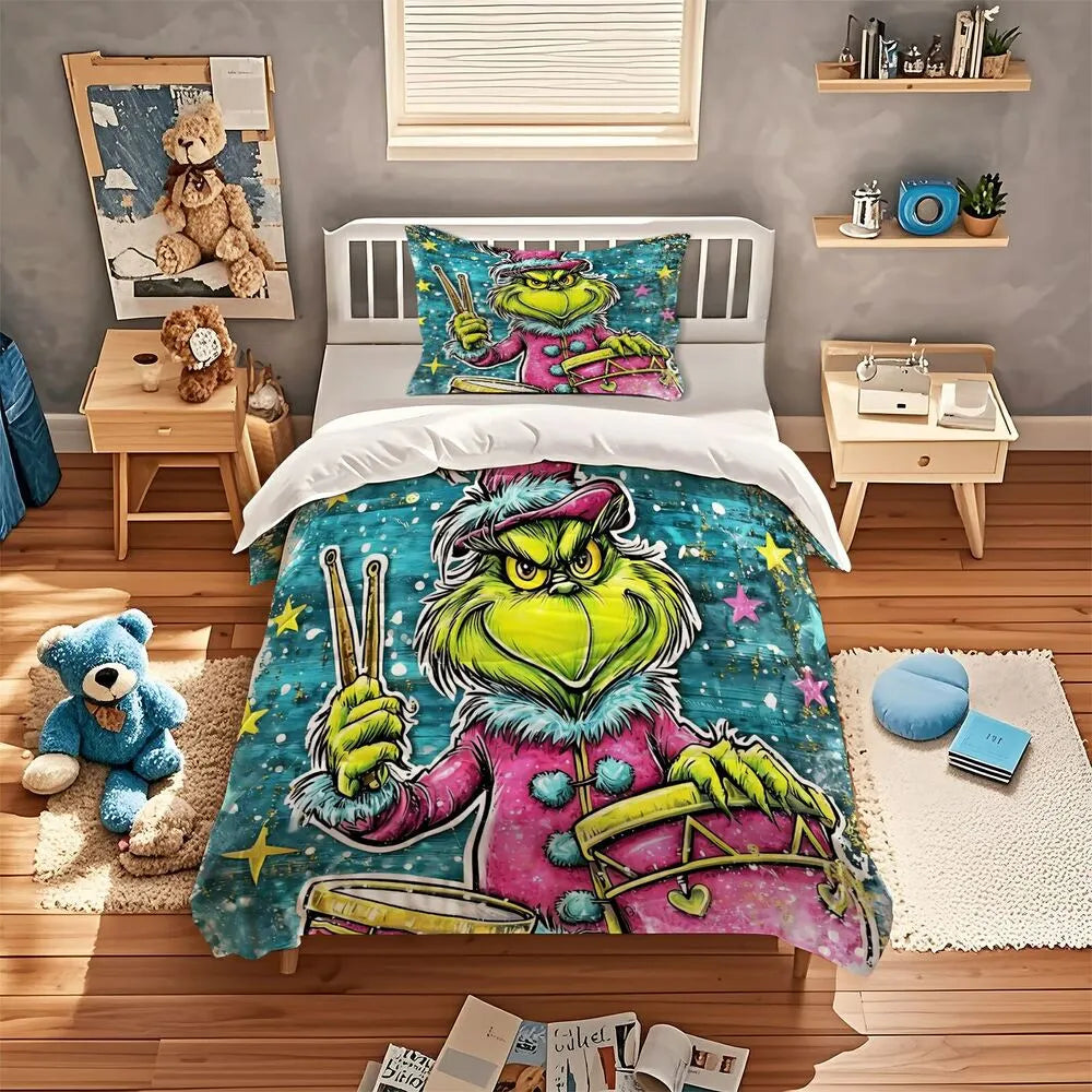 Grinch Drummer Christmas Gift Duvet Cover Set Kids Bedding Set