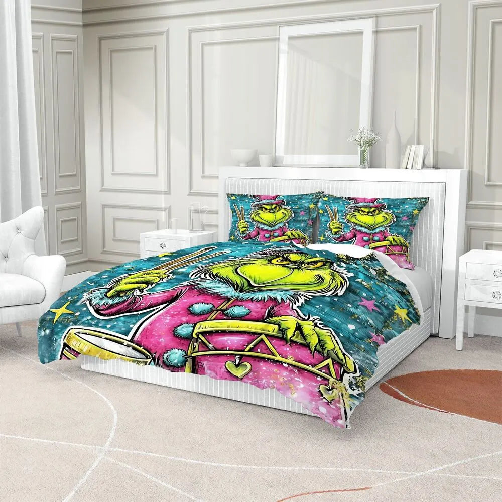 Grinch Drummer Christmas Gift Duvet Cover Set Kids Bedding Set