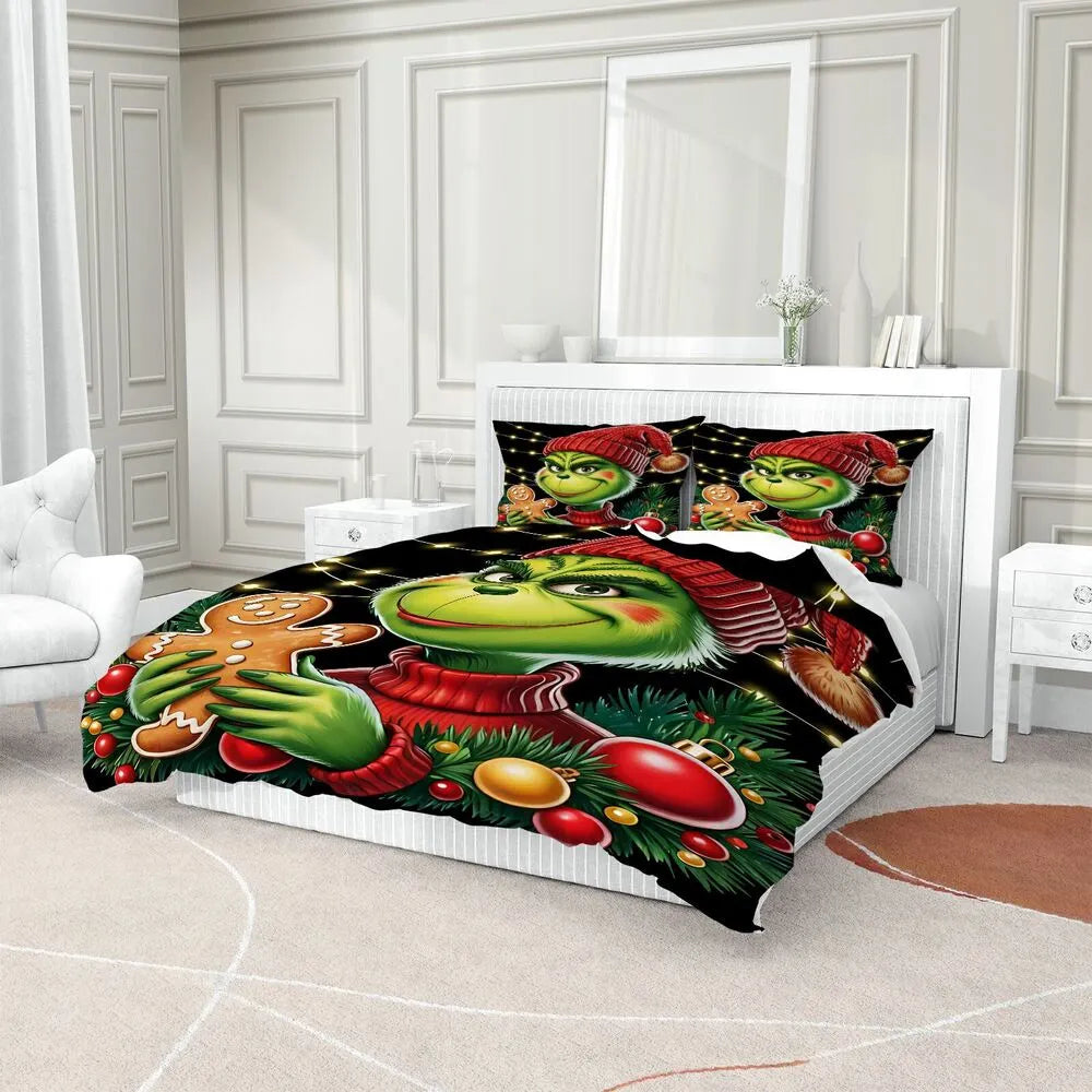 Grinch Gingerbread Cookie Christmas Gift Duvet Cover Set Kids Bedding Set