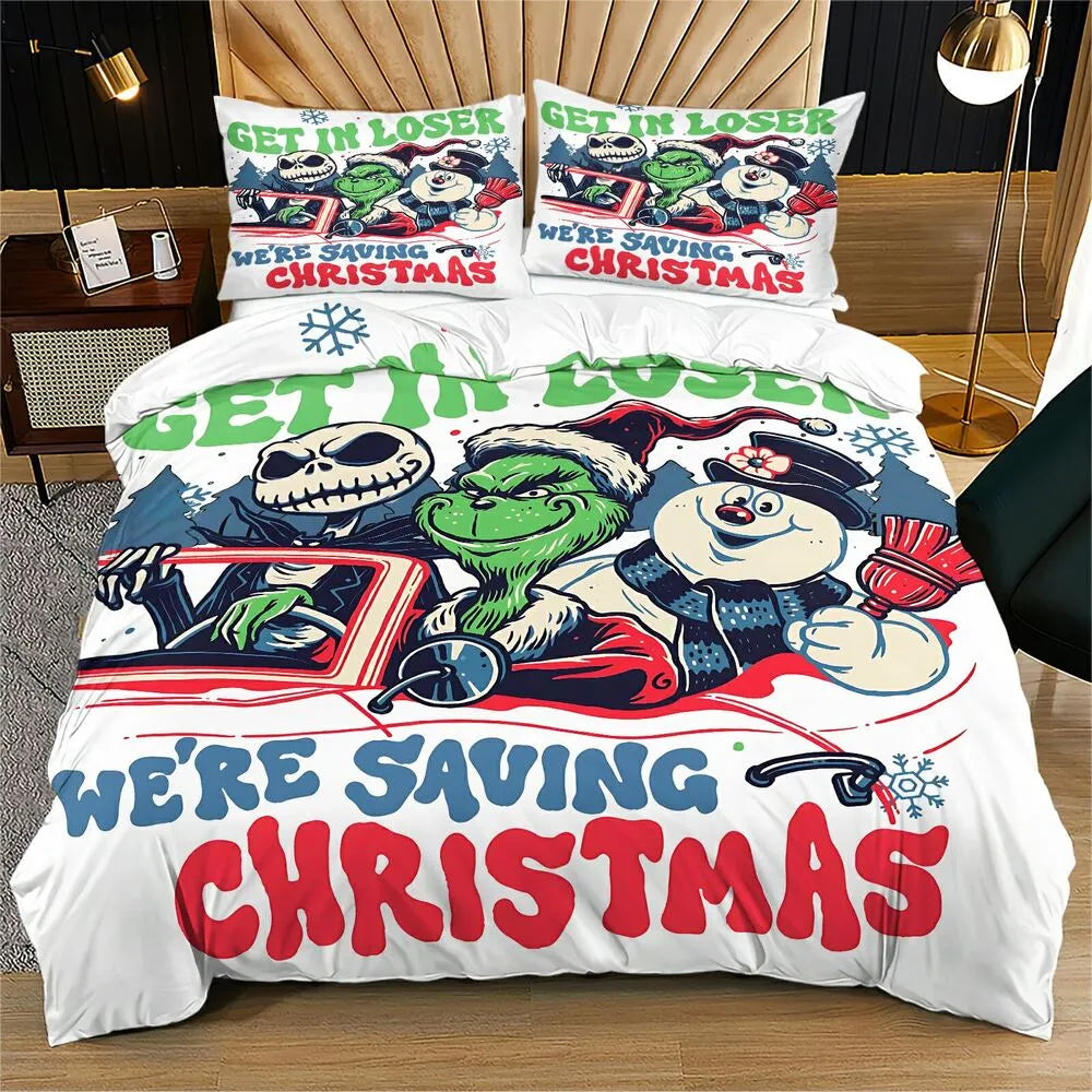 Grinch Jack Skellington Snowman Christmas Kids Bedding Duvet Cover Set