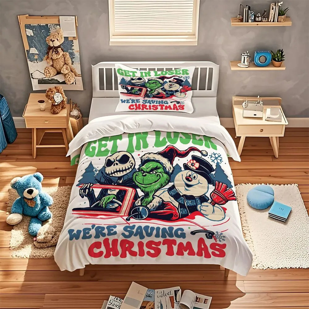 Grinch Jack Skellington Snowman Christmas Kids Bedding Duvet Cover Set