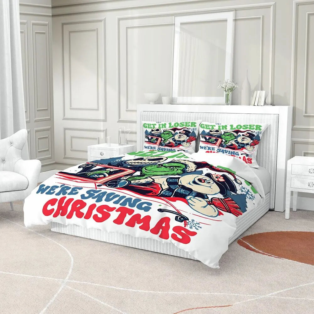 Grinch Jack Skellington Snowman Christmas Kids Bedding Duvet Cover Set