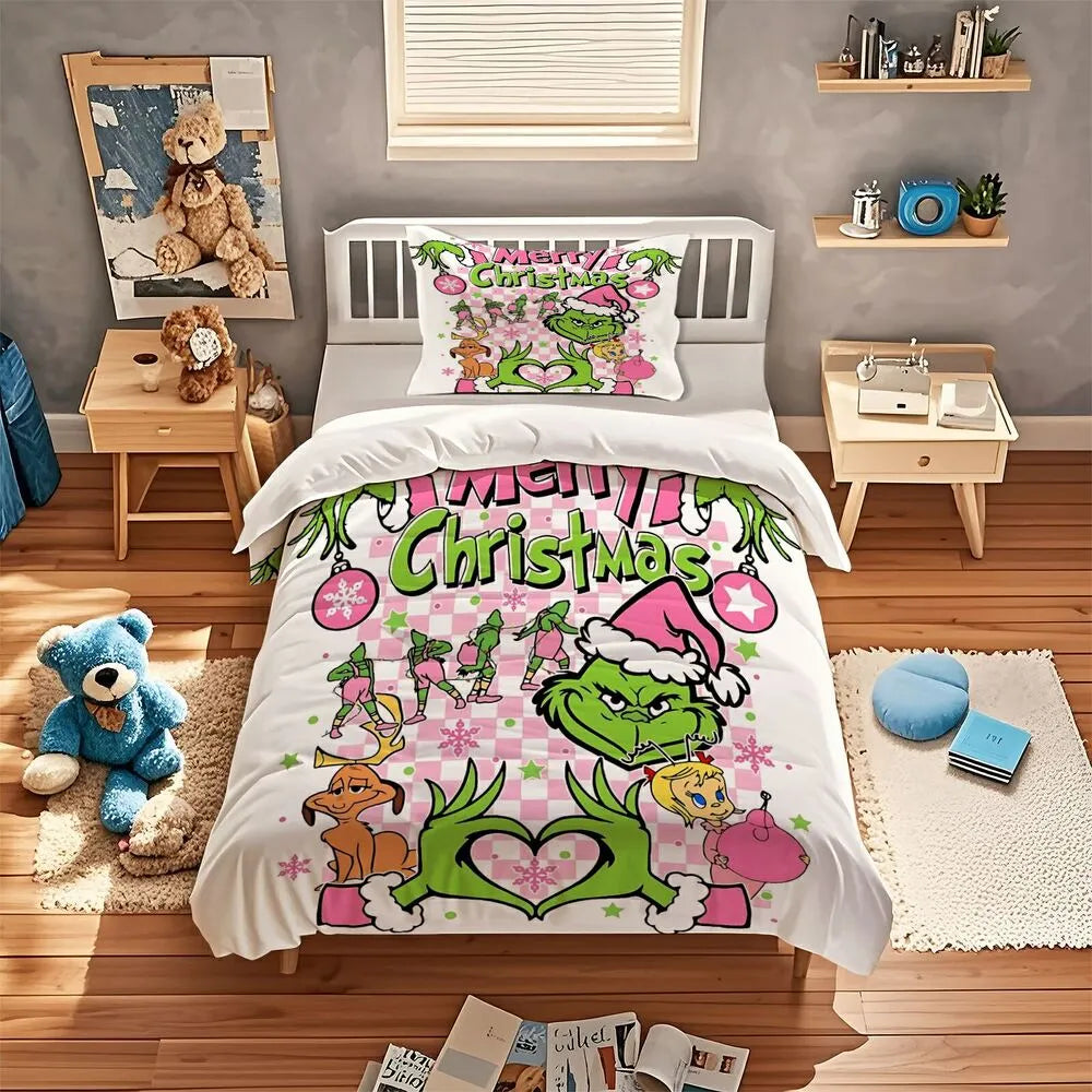 Grinch Merry Christmas Duvet Cover Set with Pillowcases Kids Bedding Set