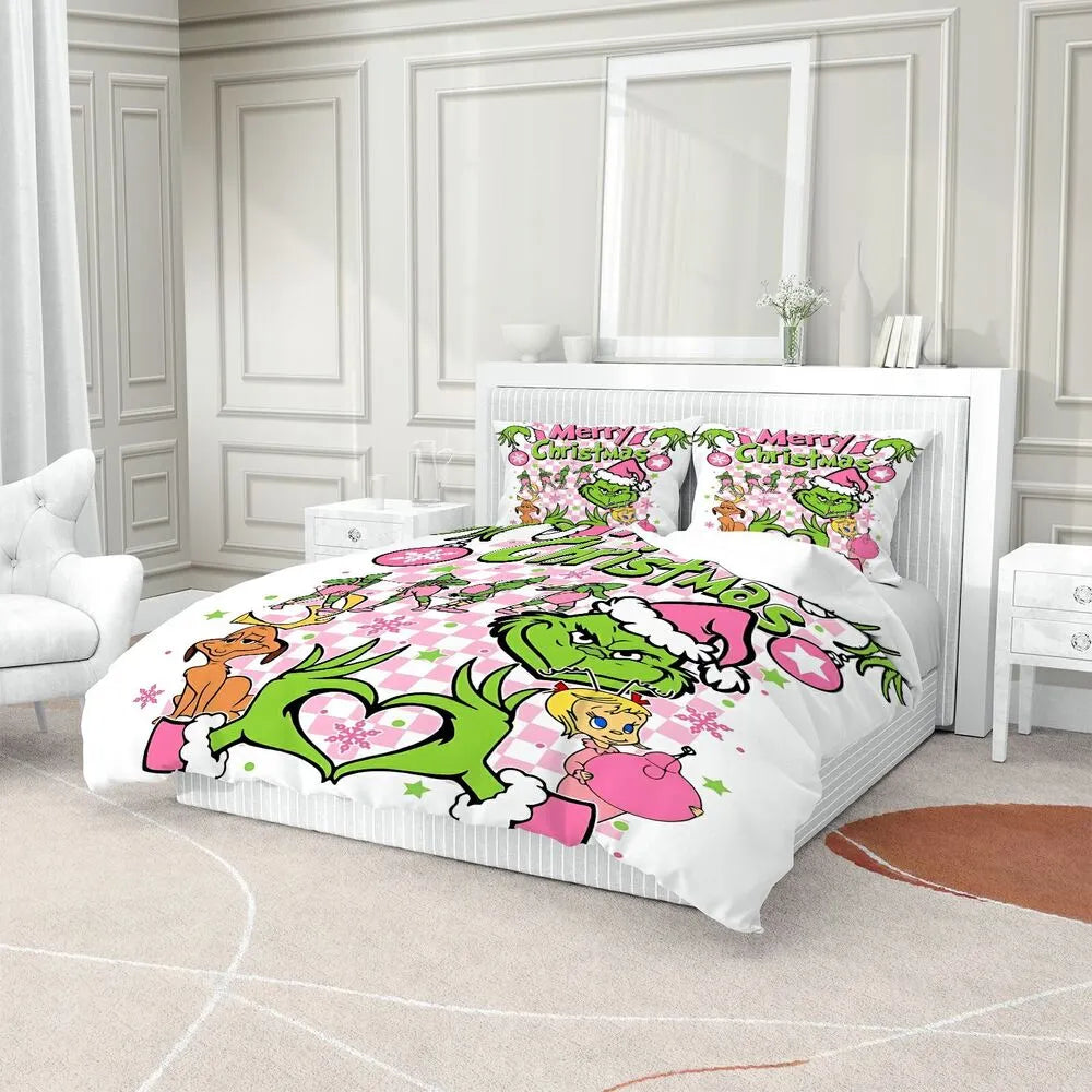 Grinch Merry Christmas Duvet Cover Set with Pillowcases Kids Bedding Set