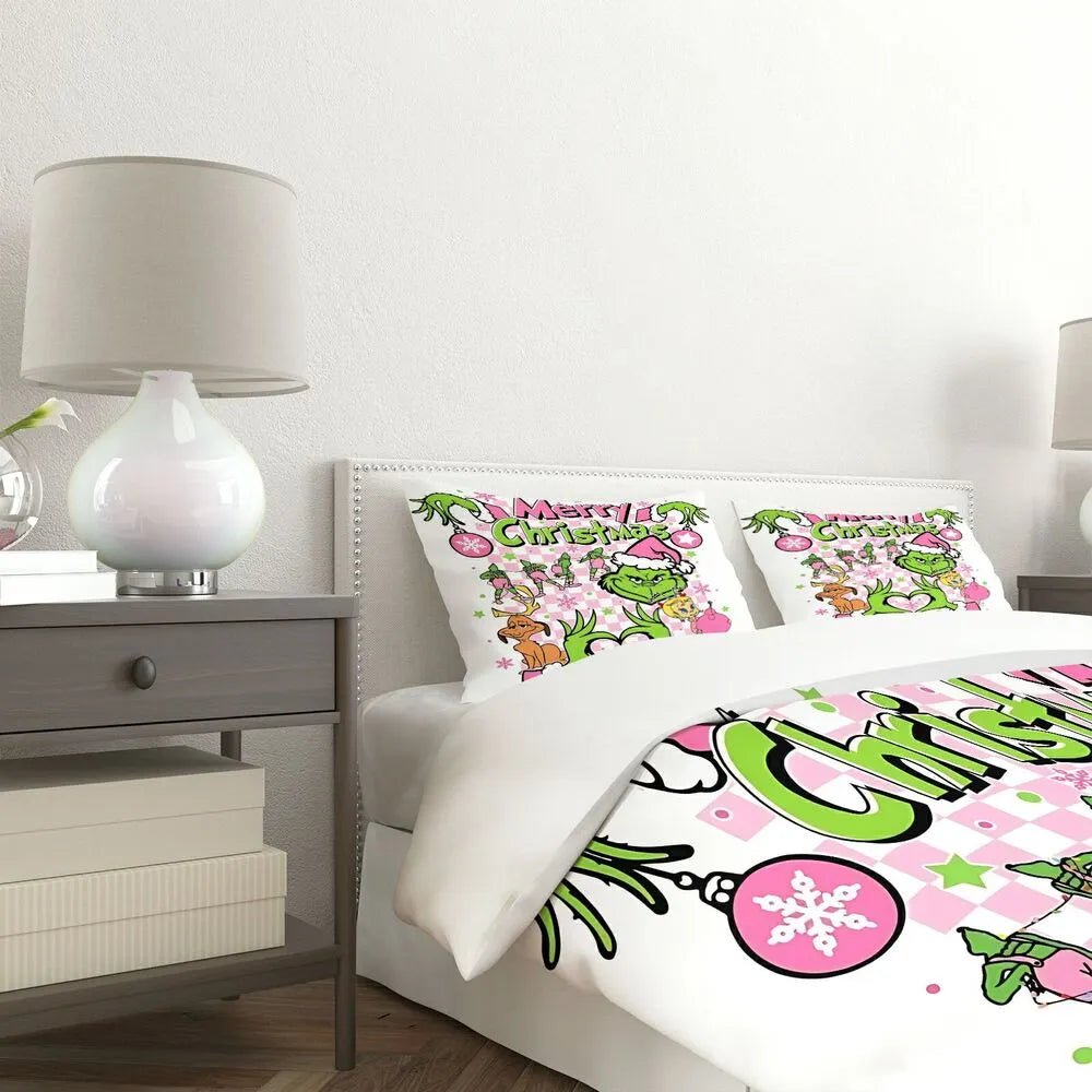 Grinch Merry Christmas Duvet Cover Set with Pillowcases Kids Bedding Set