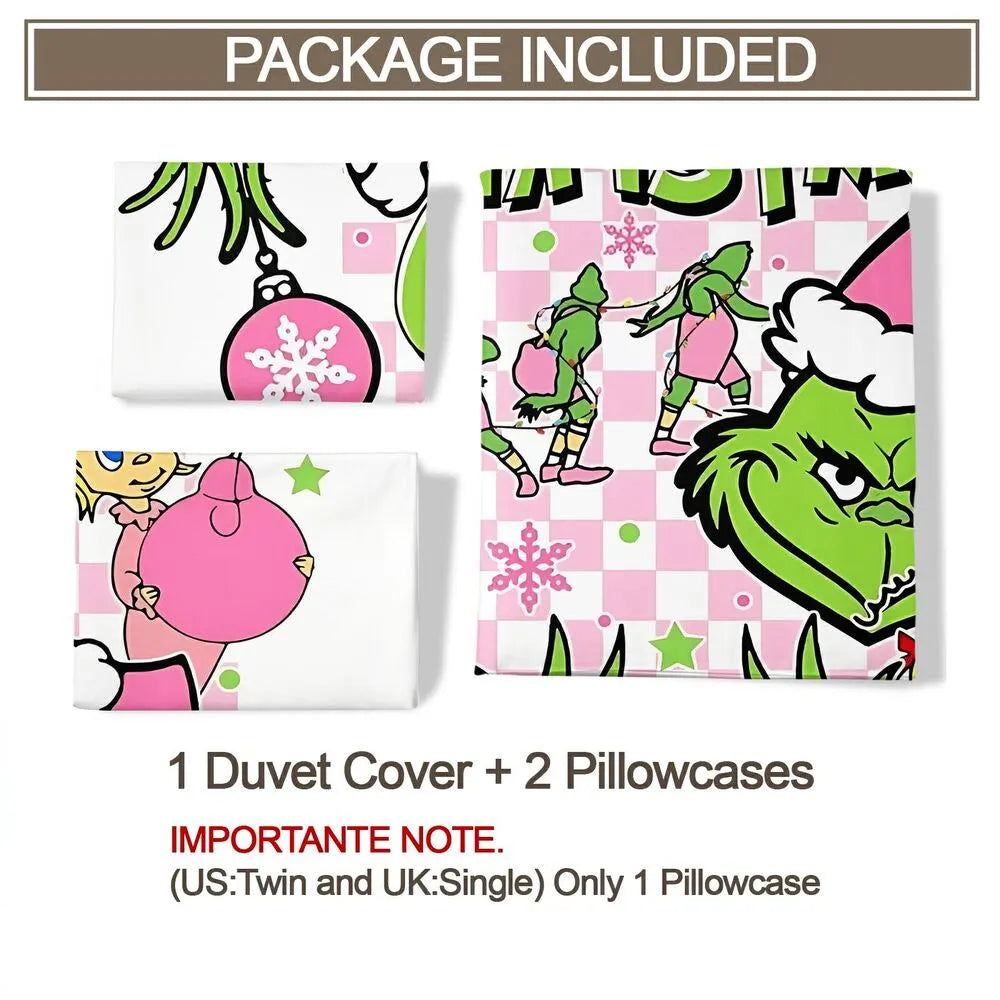 Grinch Merry Christmas Duvet Cover Set with Pillowcases Kids Bedding Set