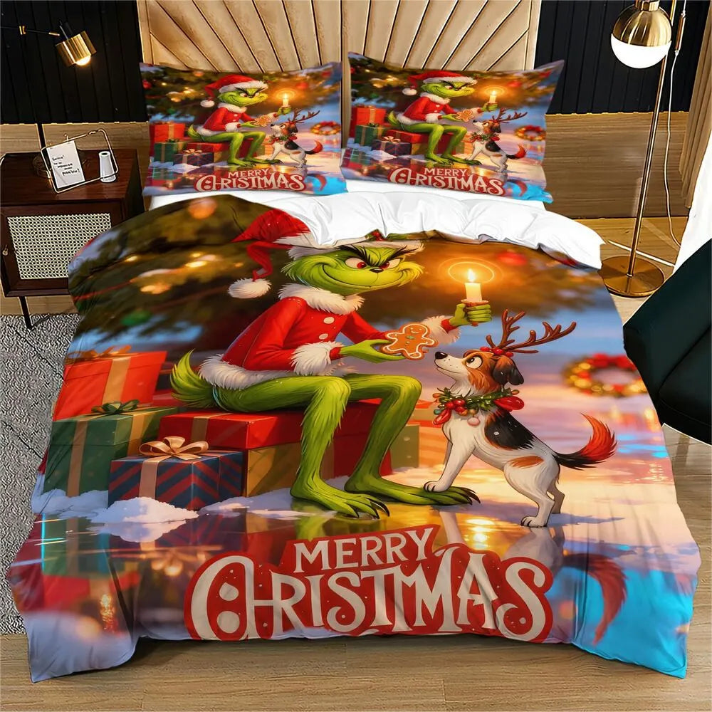 Grinch Merry Christmas Gingerbread Christmas Gift Duvet Cover Set Kids Bedding Set