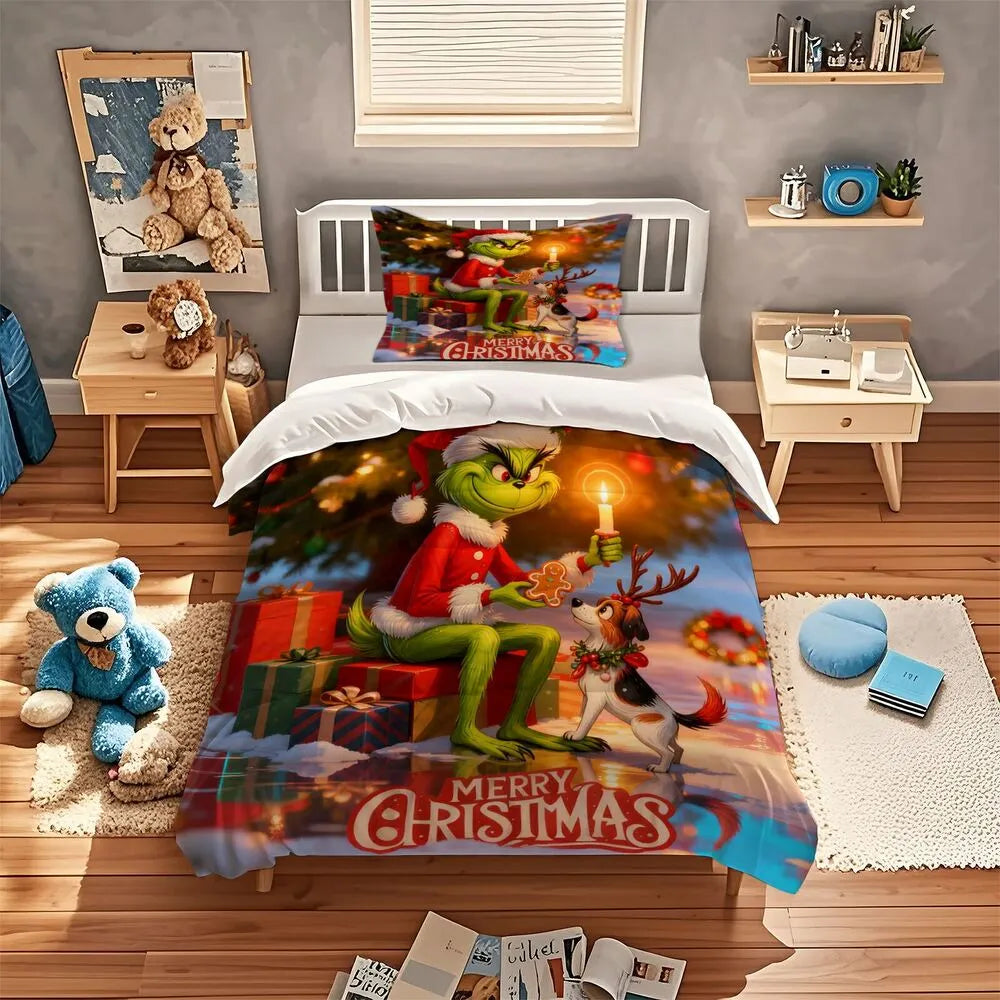 Grinch Merry Christmas Gingerbread Christmas Gift Duvet Cover Set Kids Bedding Set