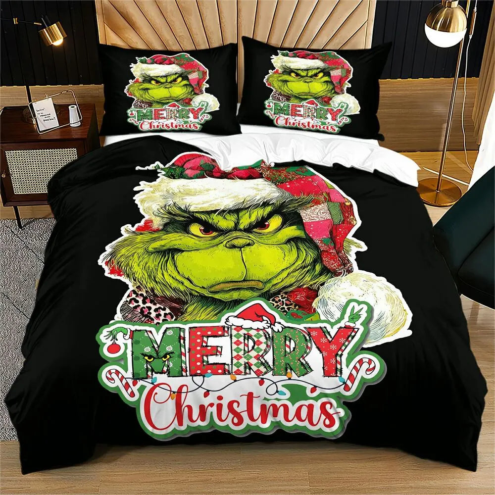Grinch Merry Christmas Patchwork Hat Christmas Gift Duvet Cover Set Kids Bedding Set