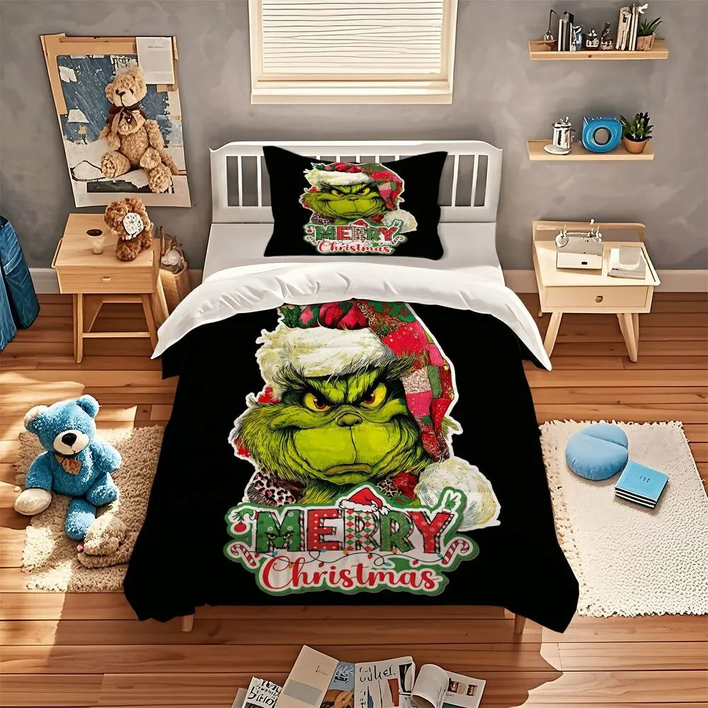 Grinch Merry Christmas Patchwork Hat Christmas Gift Duvet Cover Set Kids Bedding Set