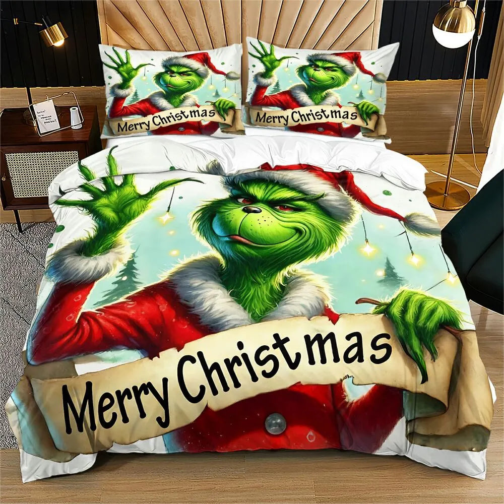 Grinch Merry Christmas Scroll Christmas Gift Duvet Cover Set Kids Bedding Set