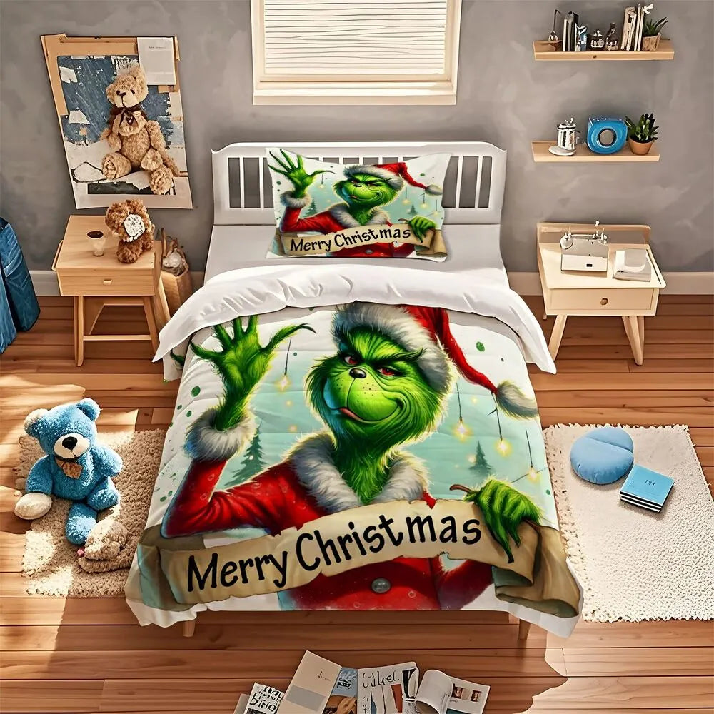 Grinch Merry Christmas Scroll Christmas Gift Duvet Cover Set Kids Bedding Set