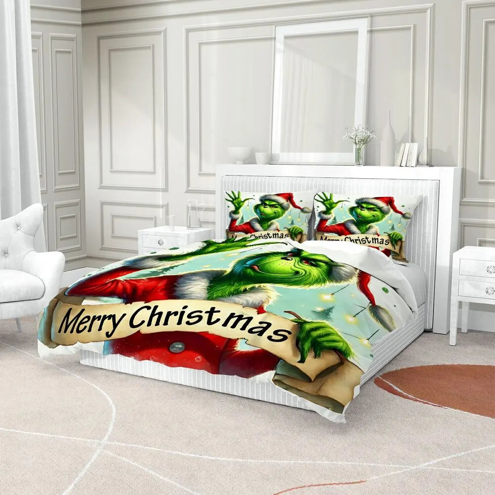 Grinch Merry Christmas Scroll Christmas Gift Duvet Cover Set Kids Bedding Set