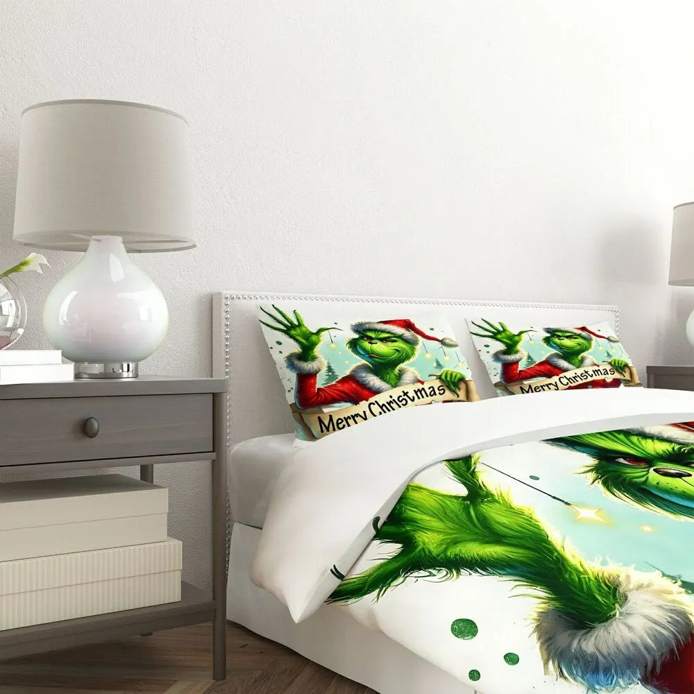 Grinch Merry Christmas Scroll Christmas Gift Duvet Cover Set Kids Bedding Set