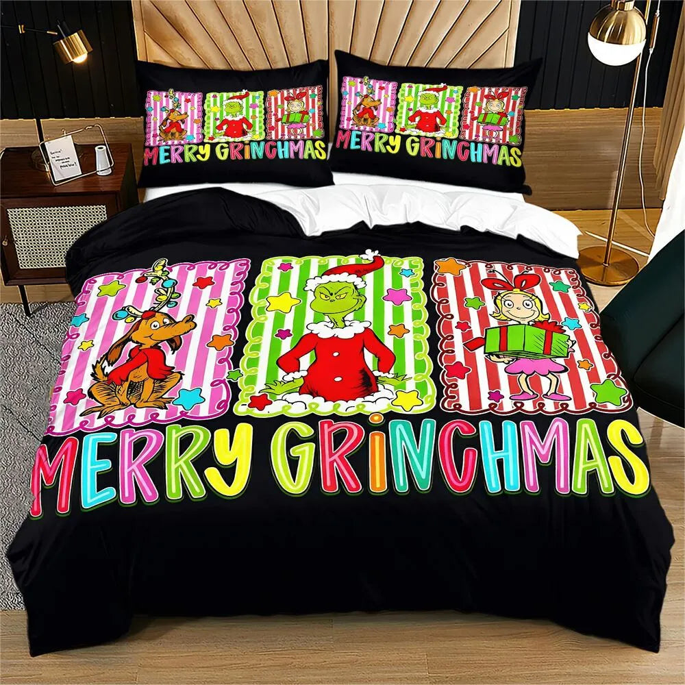 Grinch Merry Grinchmas Panel Christmas Gift Duvet Cover Set Kids Bedding Set
