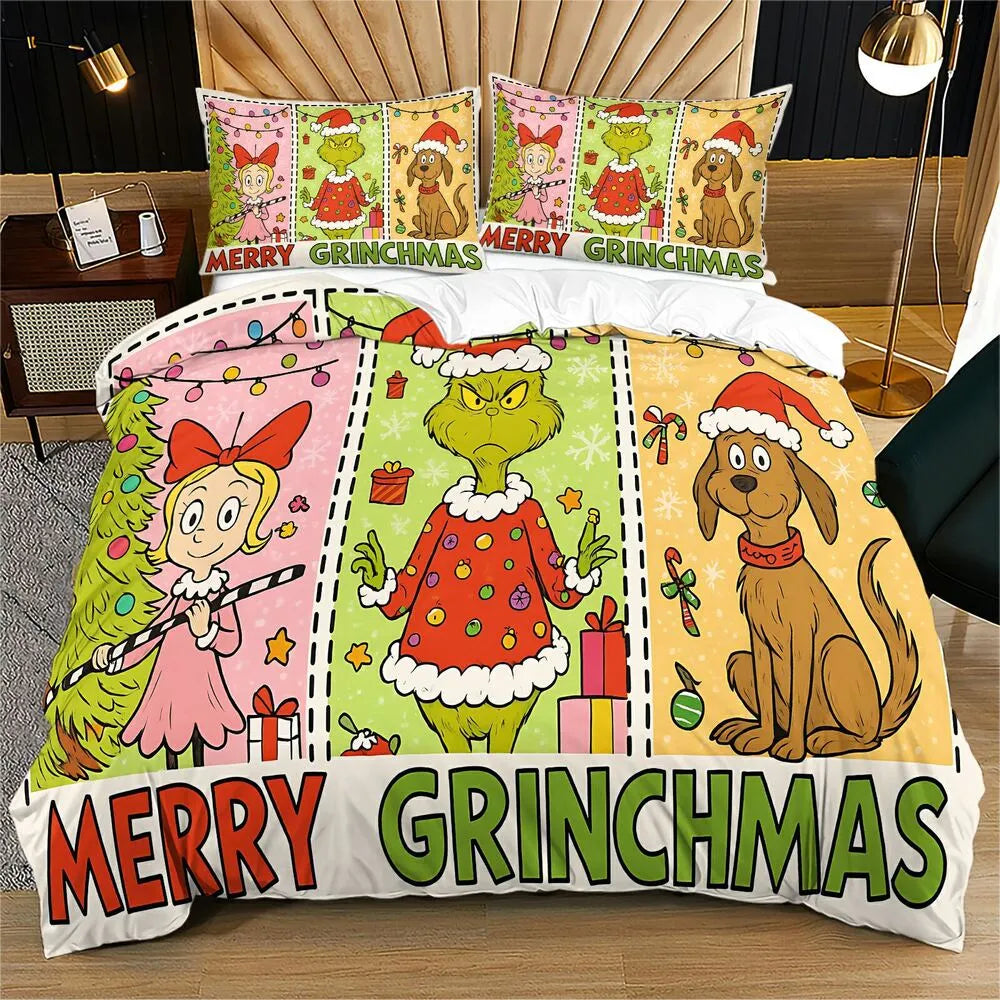 Grinch Merry Grinchmas Panel Christmas Gift Duvet Cover Set Kids Bedding Set