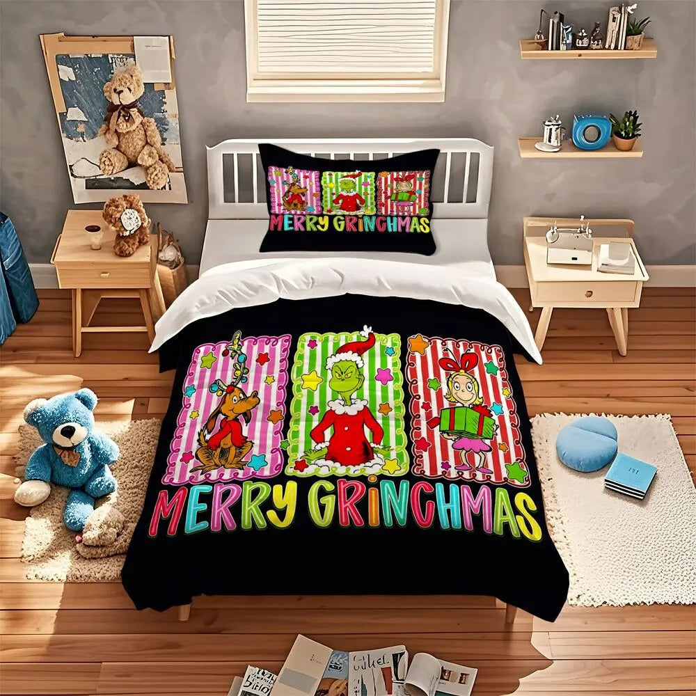 Grinch Merry Grinchmas Panel Christmas Gift Duvet Cover Set Kids Bedding Set