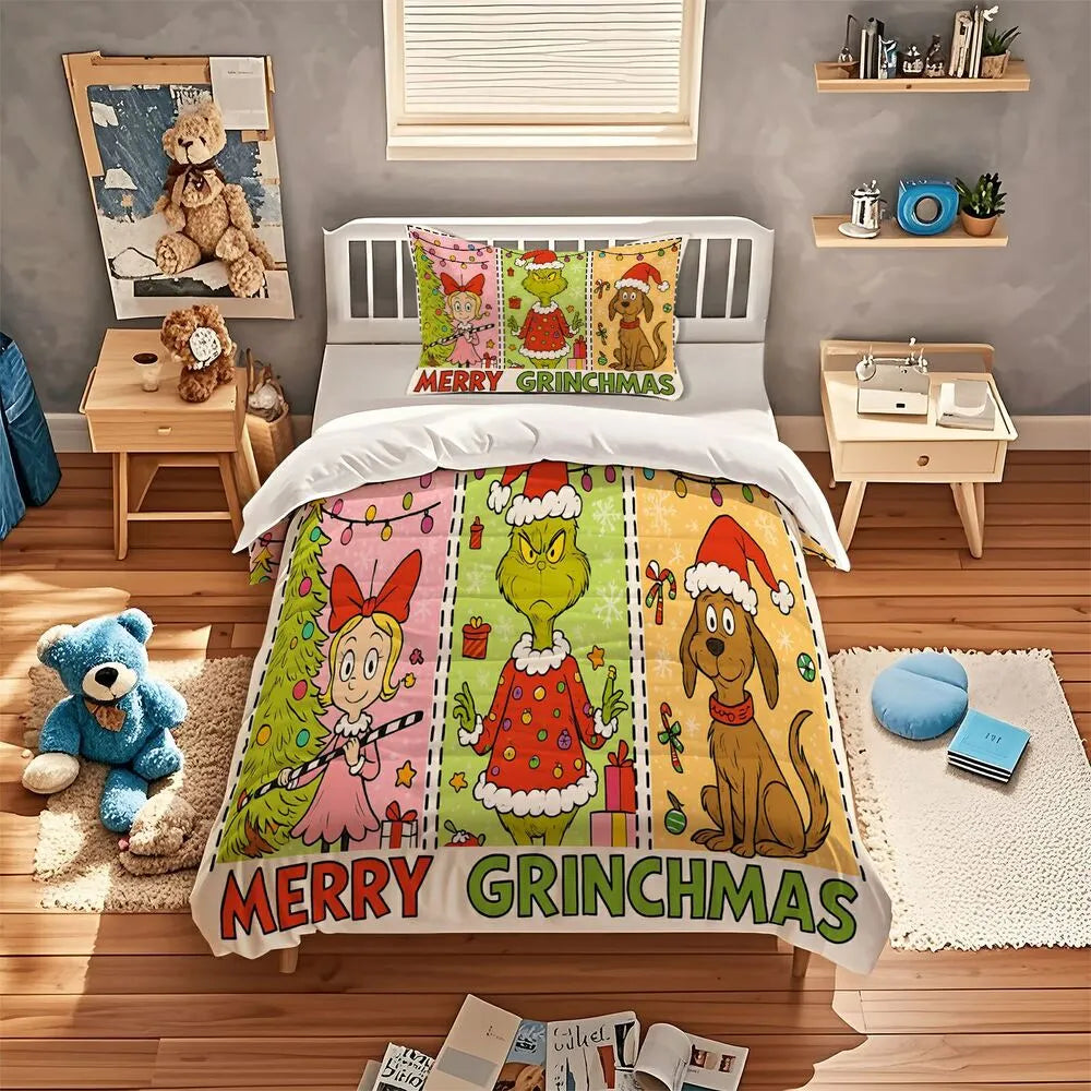 Grinch Merry Grinchmas Panel Christmas Gift Duvet Cover Set Kids Bedding Set