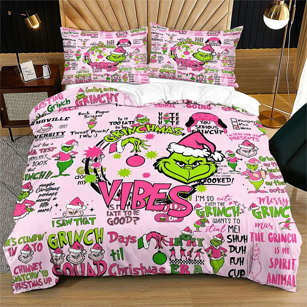 Grinch Pink Vibes Christmas Gift Duvet Cover Set Kids Bedding Set