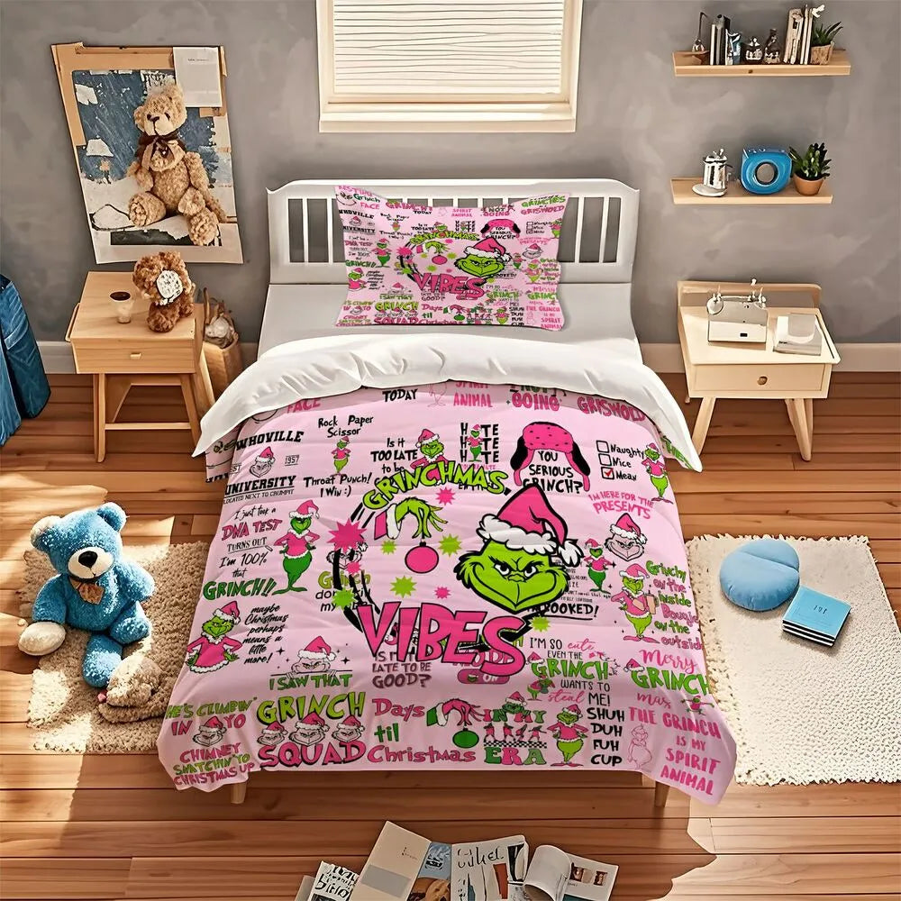 Grinch Pink Vibes Christmas Gift Duvet Cover Set Kids Bedding Set