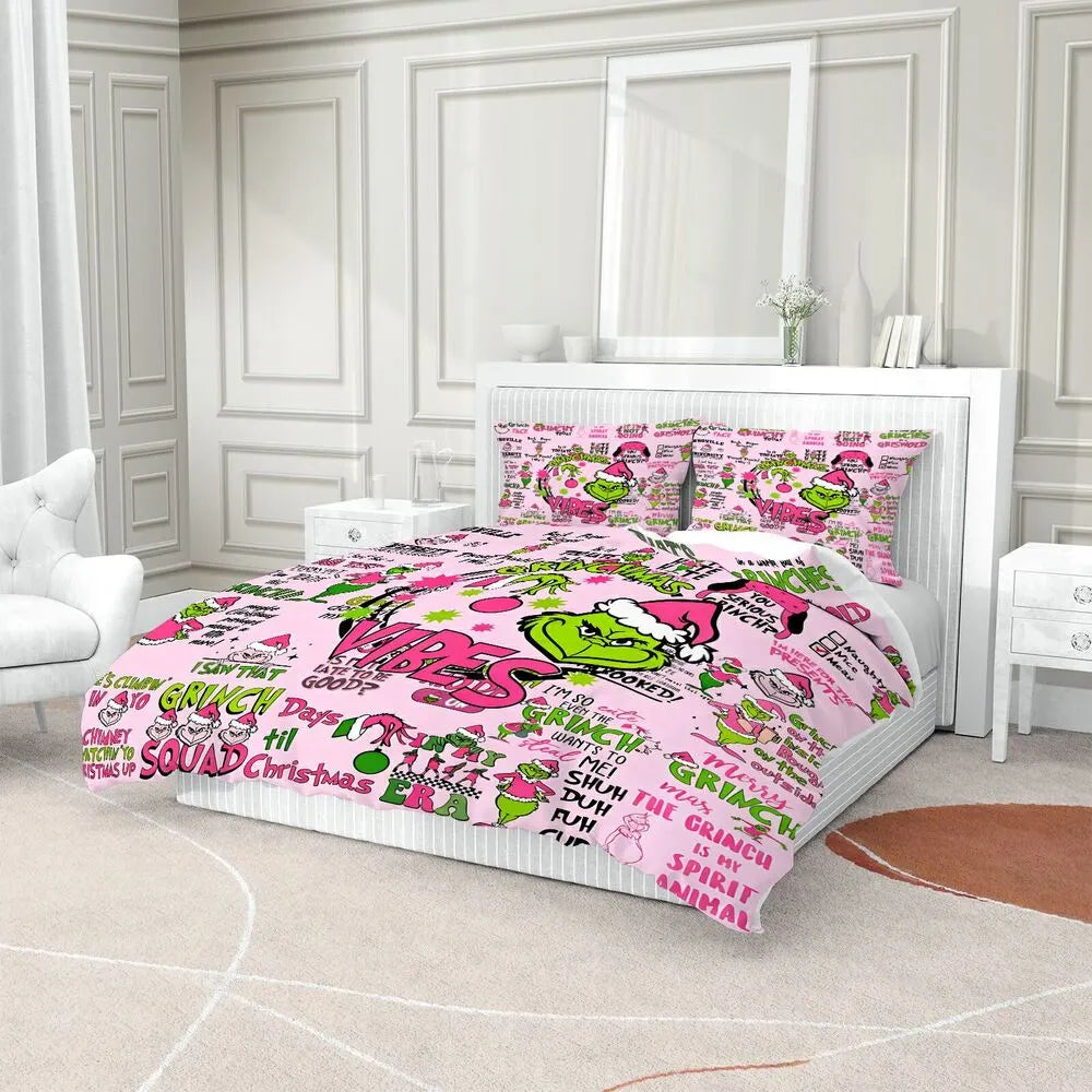 Grinch Pink Vibes Christmas Gift Duvet Cover Set Kids Bedding Set
