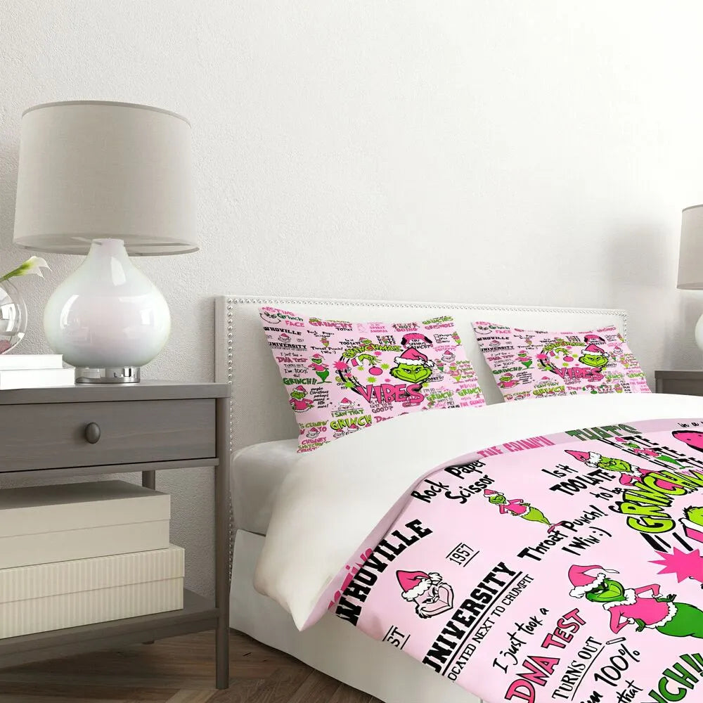 Grinch Pink Vibes Christmas Gift Duvet Cover Set Kids Bedding Set