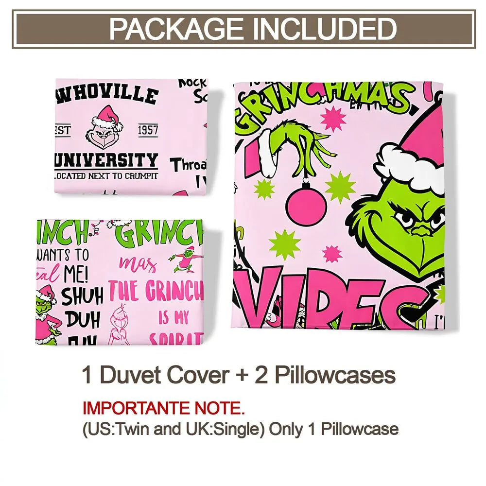 Grinch Pink Vibes Christmas Gift Duvet Cover Set Kids Bedding Set