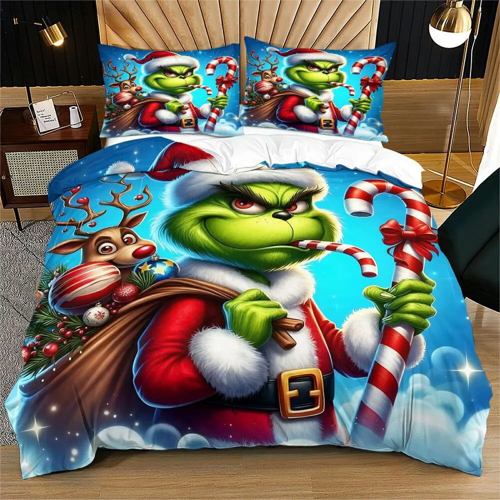 Grinch Santa Candy Cane Christmas Gift Duvet Cover Set Kids Bedding Set