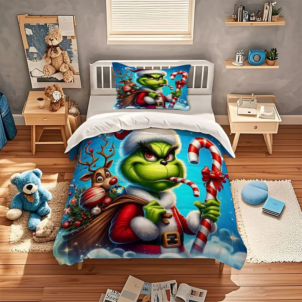 Grinch Santa Candy Cane Christmas Gift Duvet Cover Set Kids Bedding Set