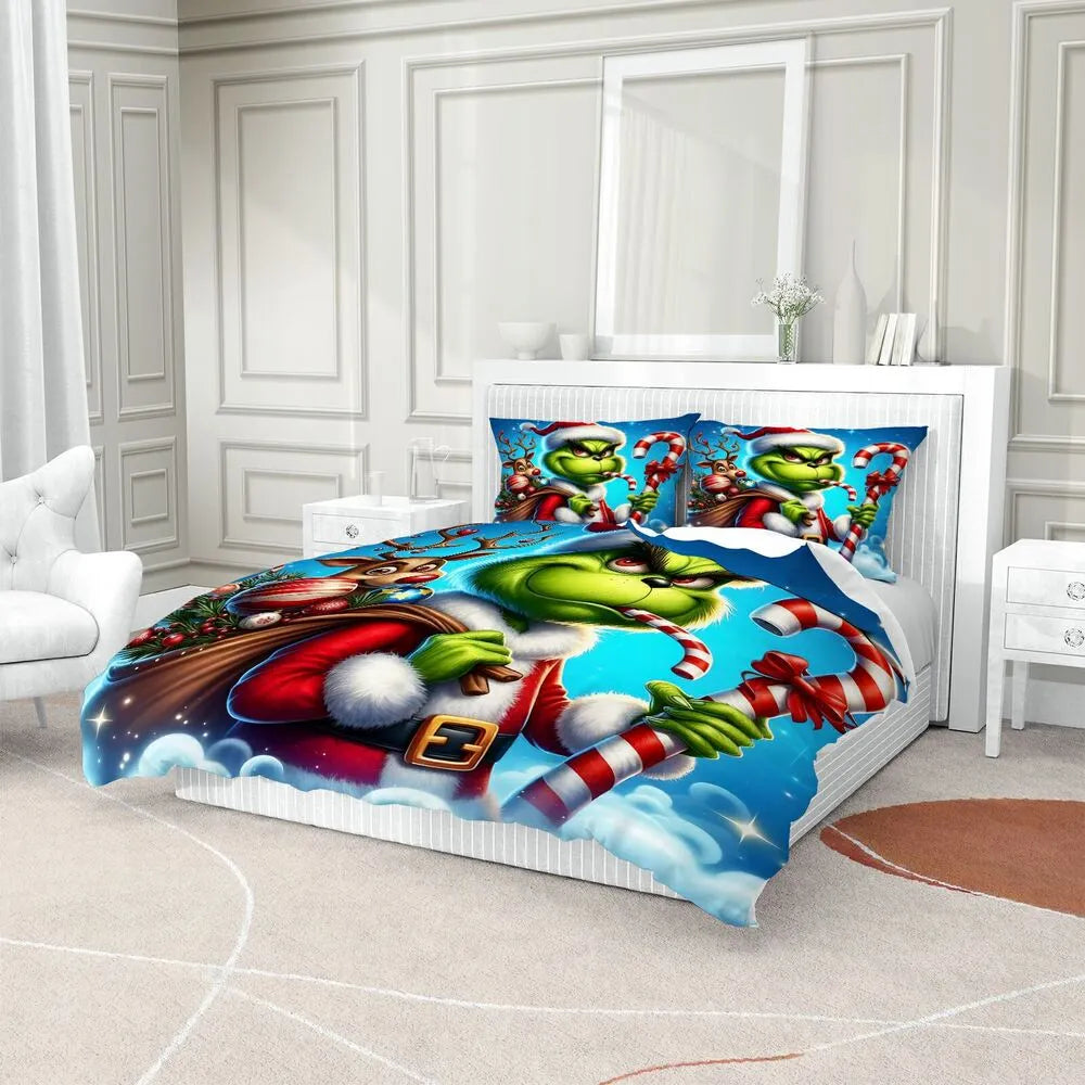 Grinch Santa Candy Cane Christmas Gift Duvet Cover Set Kids Bedding Set