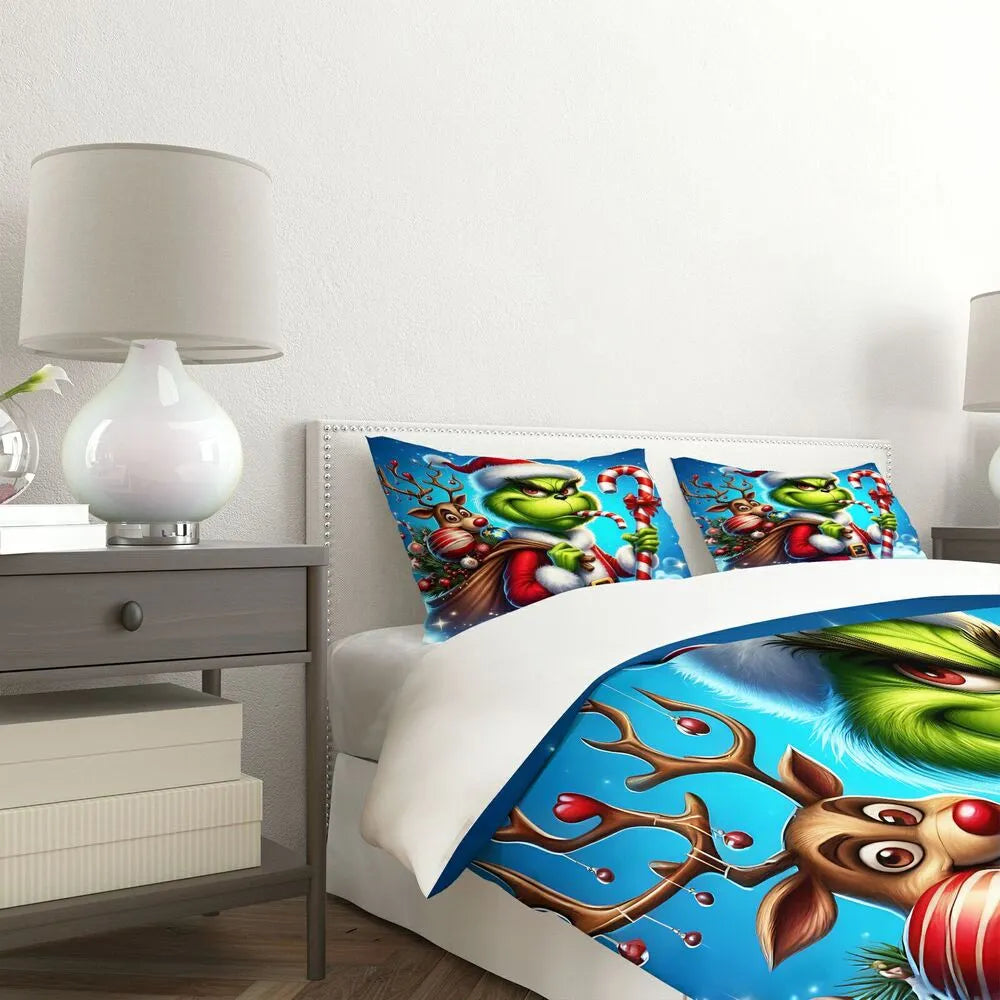 Grinch Santa Candy Cane Christmas Gift Duvet Cover Set Kids Bedding Set