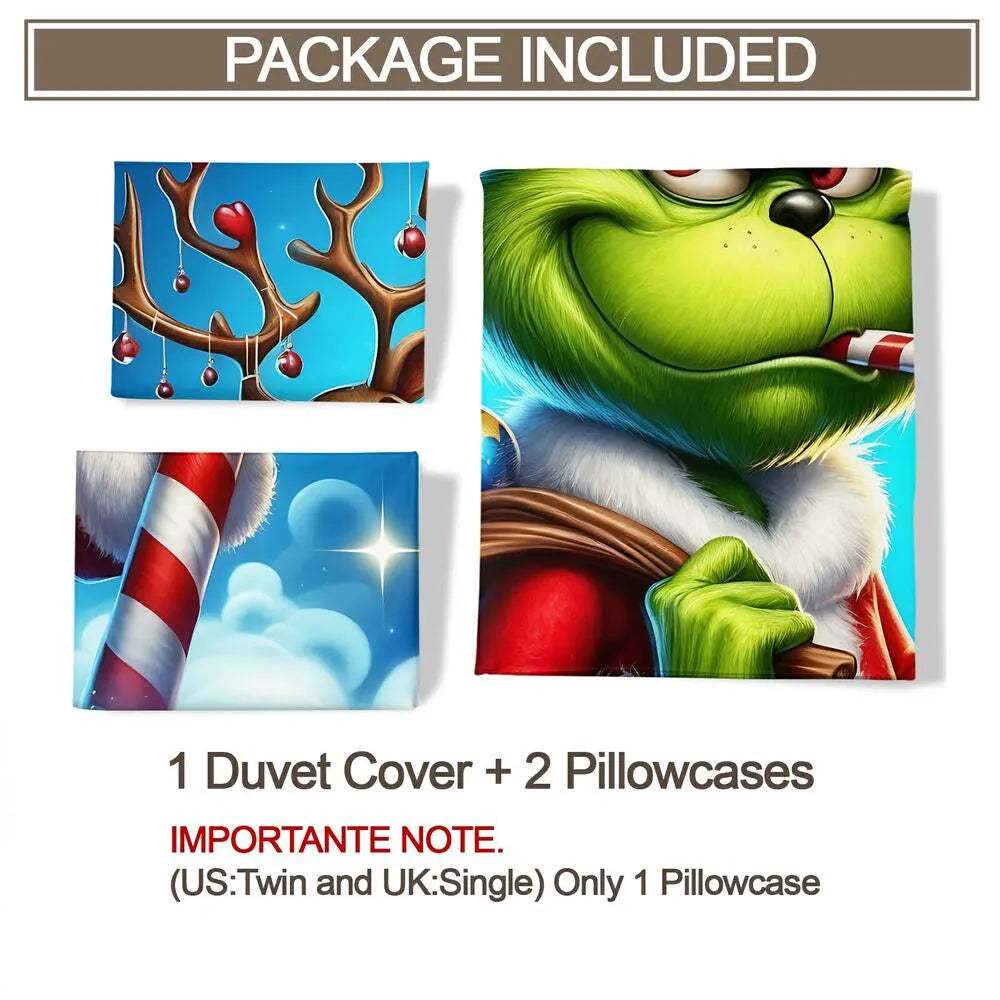 Grinch Santa Candy Cane Christmas Gift Duvet Cover Set Kids Bedding Set