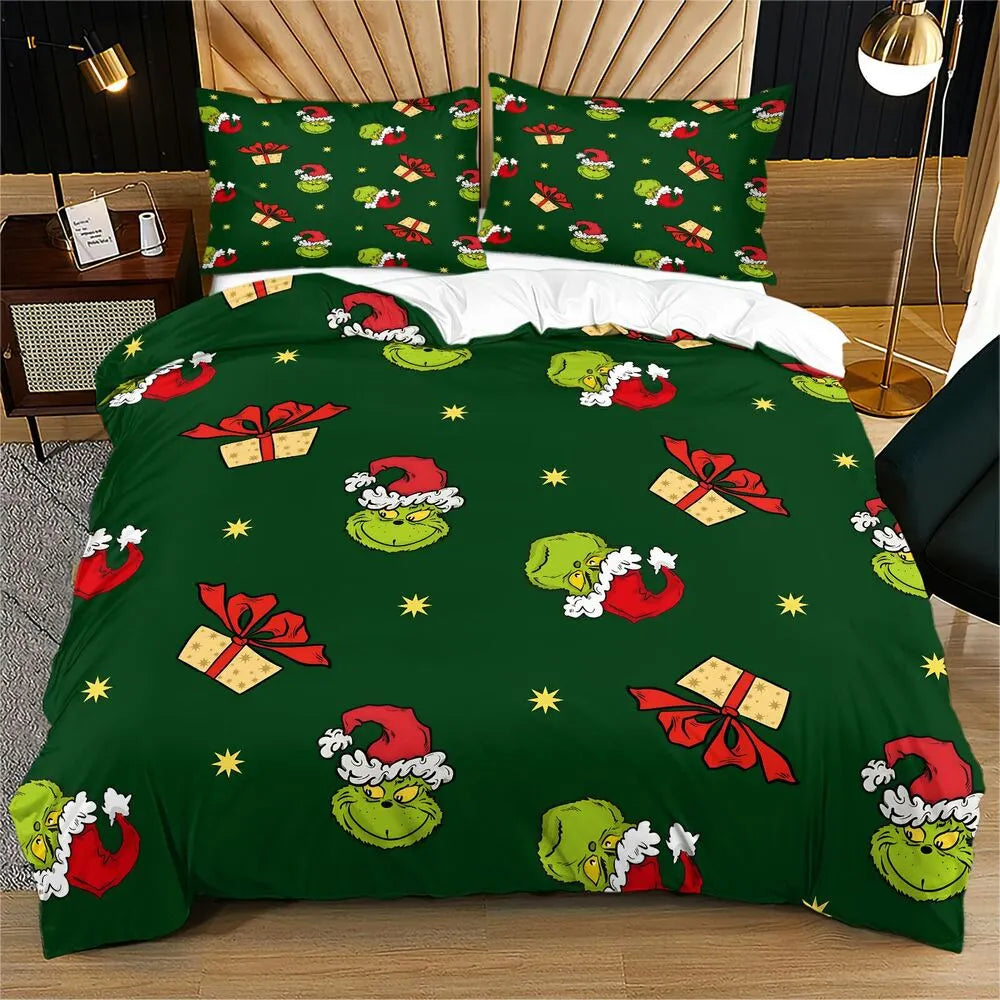 Grinch Santa Hat Christmas Gift Duvet Cover Set Kids Bedding Set