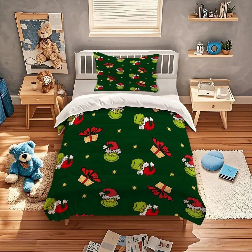 Grinch Santa Hat Christmas Gift Duvet Cover Set Kids Bedding Set