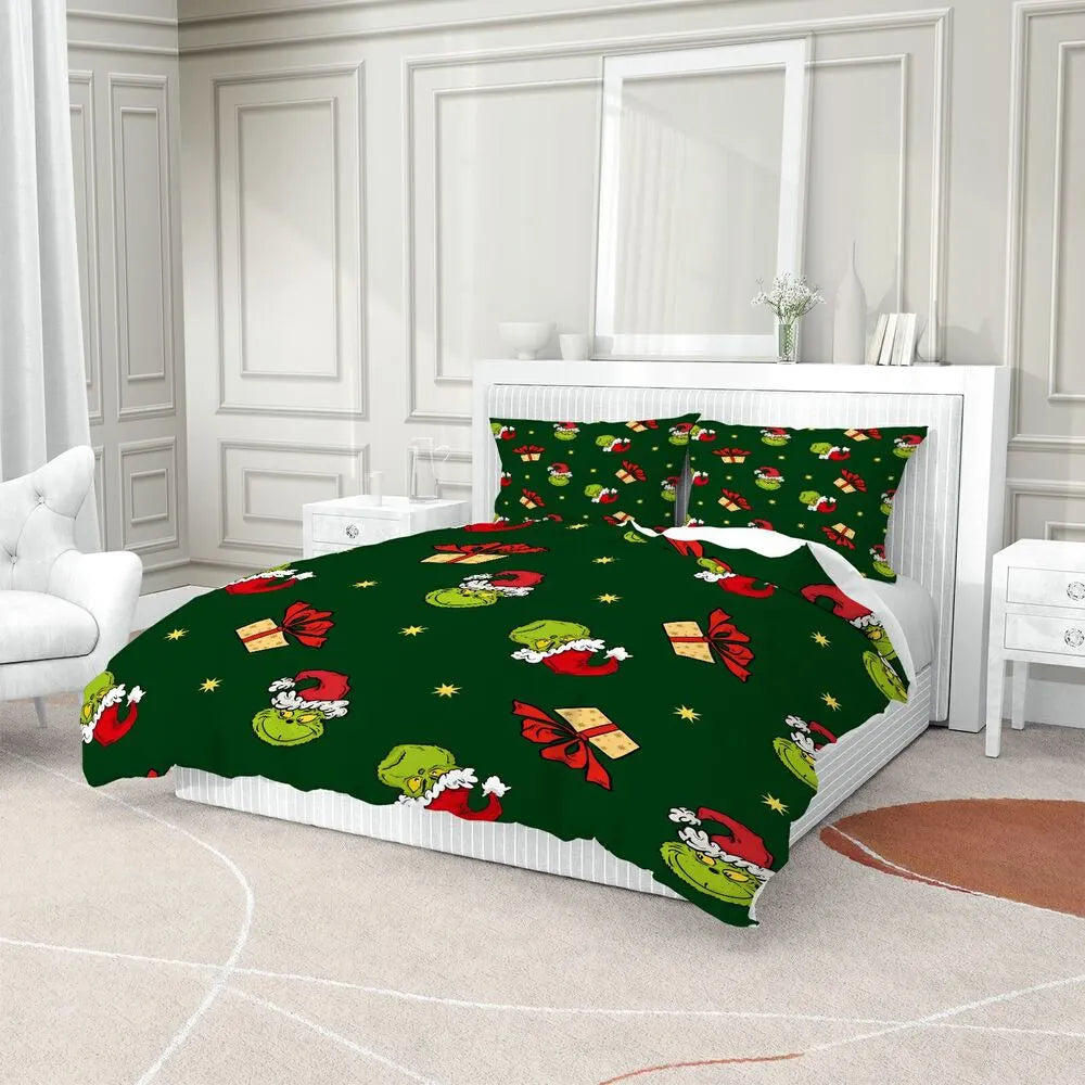 Grinch Santa Hat Christmas Gift Duvet Cover Set Kids Bedding Set