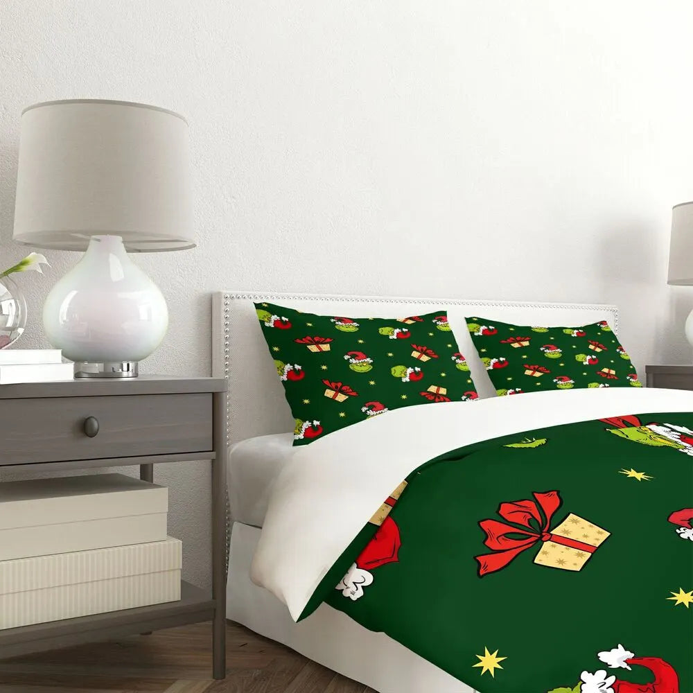 Grinch Santa Hat Christmas Gift Duvet Cover Set Kids Bedding Set