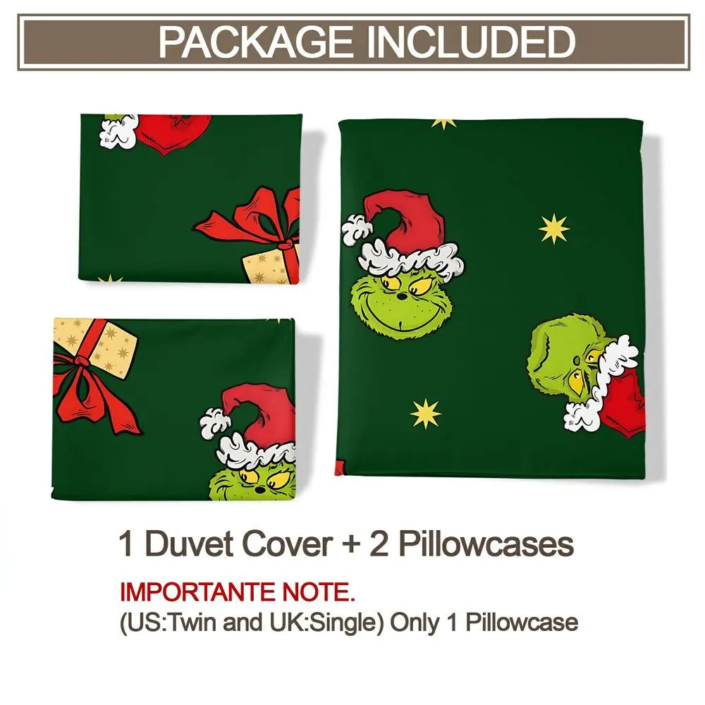 Grinch Santa Hat Christmas Gift Duvet Cover Set Kids Bedding Set