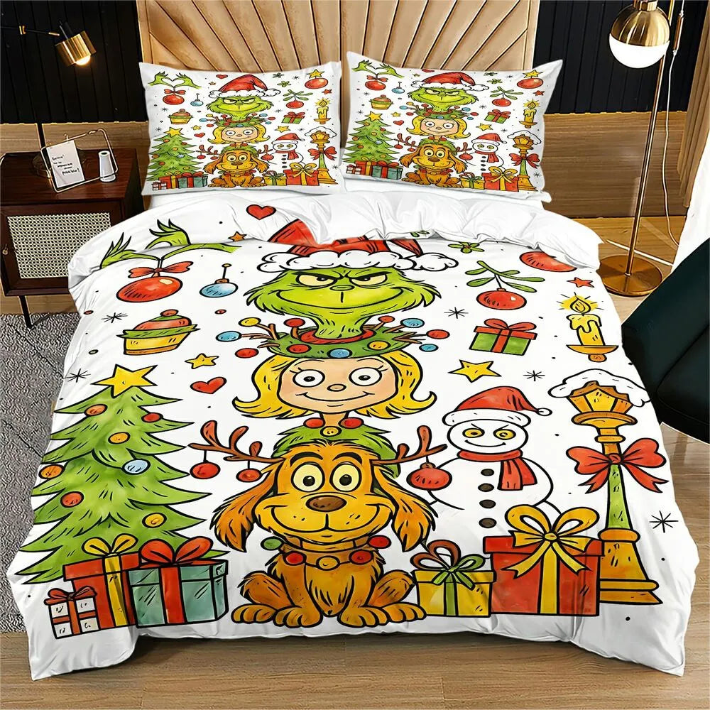 Grinch Stacked Characters Christmas Gift Duvet Cover Set Kids Bedding Set