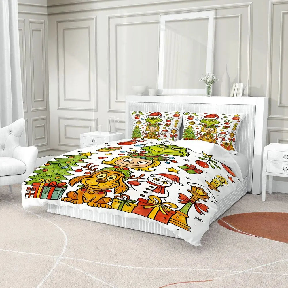 Grinch Stacked Characters Christmas Gift Duvet Cover Set Kids Bedding Set